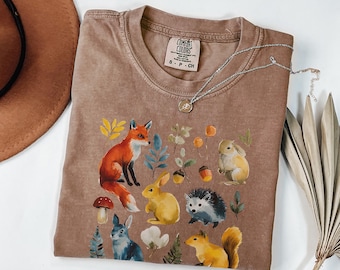Camiseta de zorro y erizo / Camiseta de animales del bosque en acuarela / Regalo de animales del bosque de Comfort Colors / Camiseta de naturaleza estilo cottagecore