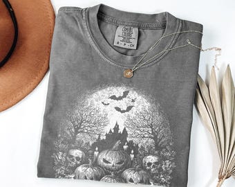 Halloween-Grafik-T-Shirt | Vintage Gruselige Szene T-shirt | Komfort Farben Geister Kürbis Geschenk | Darkcore Cottage Halloween Oberteil