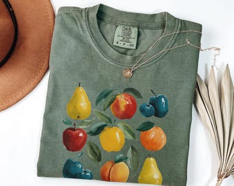 Watercolor Fruit Shirt | Pear Apple Citrus Botanical Tee | Comfort Colors Garden Harvest Gift | Cottagecore Kitchen Top