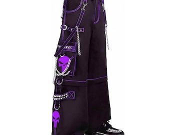 Purple Goth Cyberpunk Pants | Unisex Baggy Cargo Trousers | Straps & Chains Streetwear