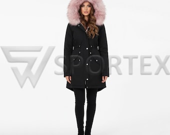 Black Winter Parka with Dusty Rose Faux Fur Trim Hood