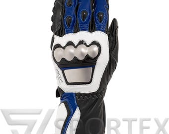 Sportex motorsporthandschoenen zwart blauw wit – leren motorhandschoenen met knokkelbescherming