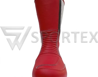 Men's Red White Leather Motorcycle Boots – Sport Touring Biker Footwear