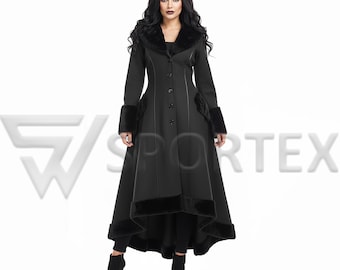 Gothic High-Low Coat – Black Faux Fur Trim, Victorian Steampunk