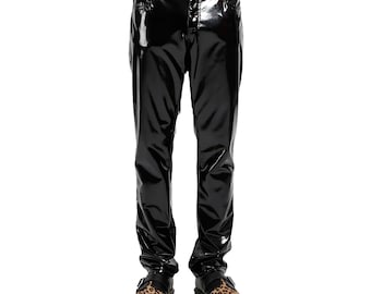 Shiny Black PVC Vinyl Pants: Slim Fit Gothic Biker Trousers