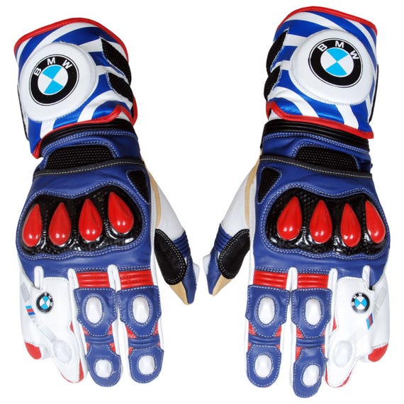 BMW Motorrad Racing Leather Motorcycle Gloves | Red Blue White Protective Biker Gear