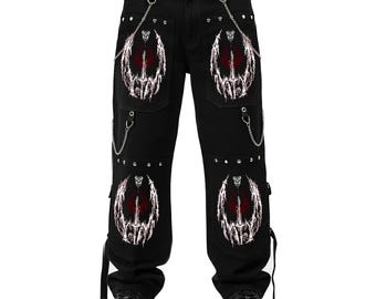 Gothic Black Chain Cargo Pants with Red Sigil Print – Cyberpunk Streetwear Harajuku Punk Trousers