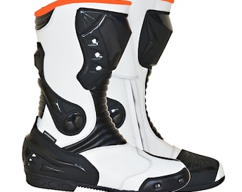 White & Black Motorcycle Racing Boots: Waterproof CE Armored Biker Shoes