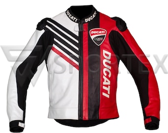 Chaqueta de cuero para motociclista Ducati Racing, modelo Corsa para hombre, roja, blanca y negra.