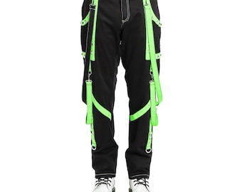 パンツ cyberdyne NEO BONDAGE PANTS Cyber Goth Bondage Pants | Black & Neon Green Straps | Rave