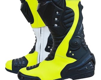 Men’s Yellow & Black Motorcycle Racing Boots: Leather Protective Gear