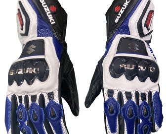 Suzuki Motorbike Racing Leather Gloves Blue Black White | Motorcycle Protective Gear