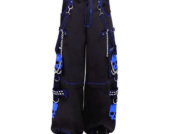 Pantalones vaqueros cargo holgados Sportex Goth Punk Skull Chain negros con estampado azul y correas