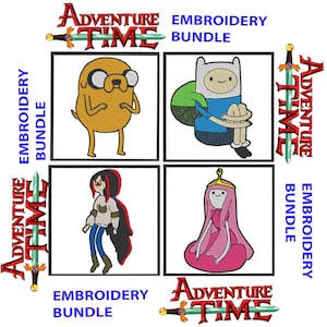 May include: An Adventure Time embroidery bundle featuring four distinct character designs: a yellow dog, a human with a green backpack, a character with long black hair and a red cape, and a pink-haired character wearing a gold crown and pink dress.