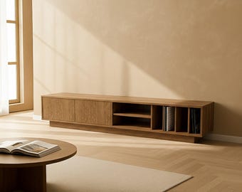 Credenza lunga in legno di quercia, consolle multimediale in stile moderno di metà secolo