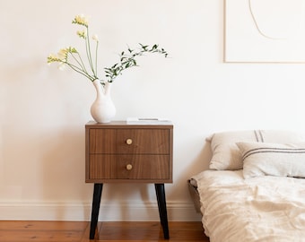 Mid-Century Modern Walnut Bedside Table, Retro Nightstand Cabinet