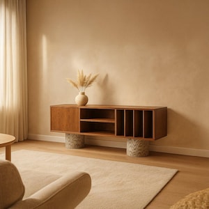 Peut inclure: Un meuble TV en bois de style moderne du milieu du siècle, avec une finition marron chaud. Le meuble comprend des étagères ouvertes, des séparateurs verticaux et une porte d'armoire. Il est soutenu par deux bases cylindriques en béton à motifs. Un vase avec des fleurs séchées est posé dessus.