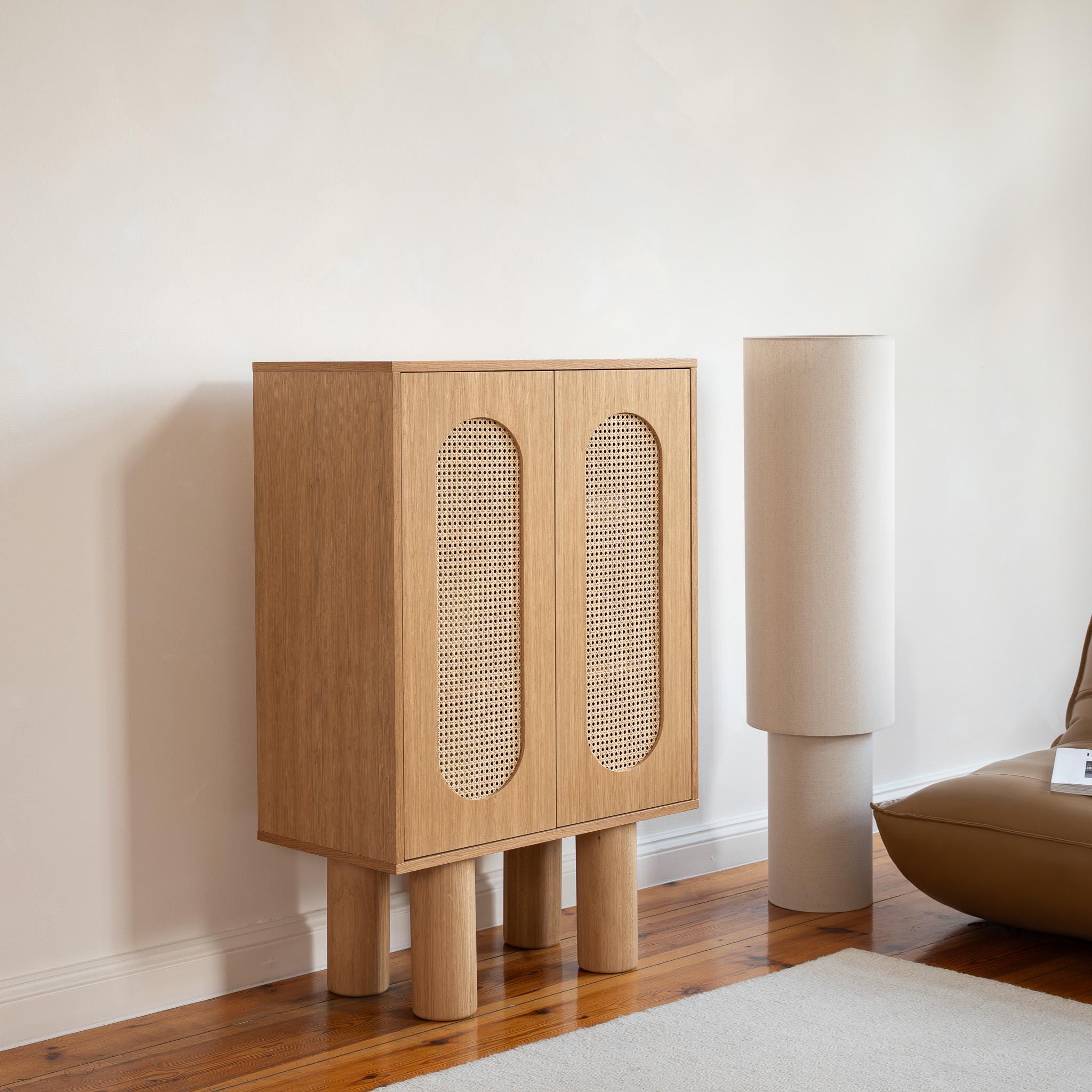Mid-Century Modern Highboard, Rattan Inlay, Wooden Storage Cabinet