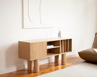 Credenza minimalista in legno, consolle multimediale, porta TV, finitura Natura