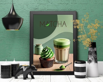 Stampa di tè matcha e cupcake – Arte della cucina verde, arredamento giapponese