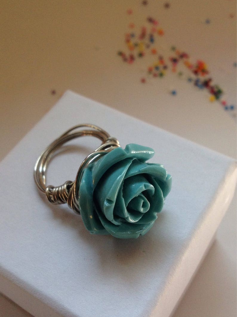 Turquoise blue rose flower wire wrapped silver metallic bohemian statement ring