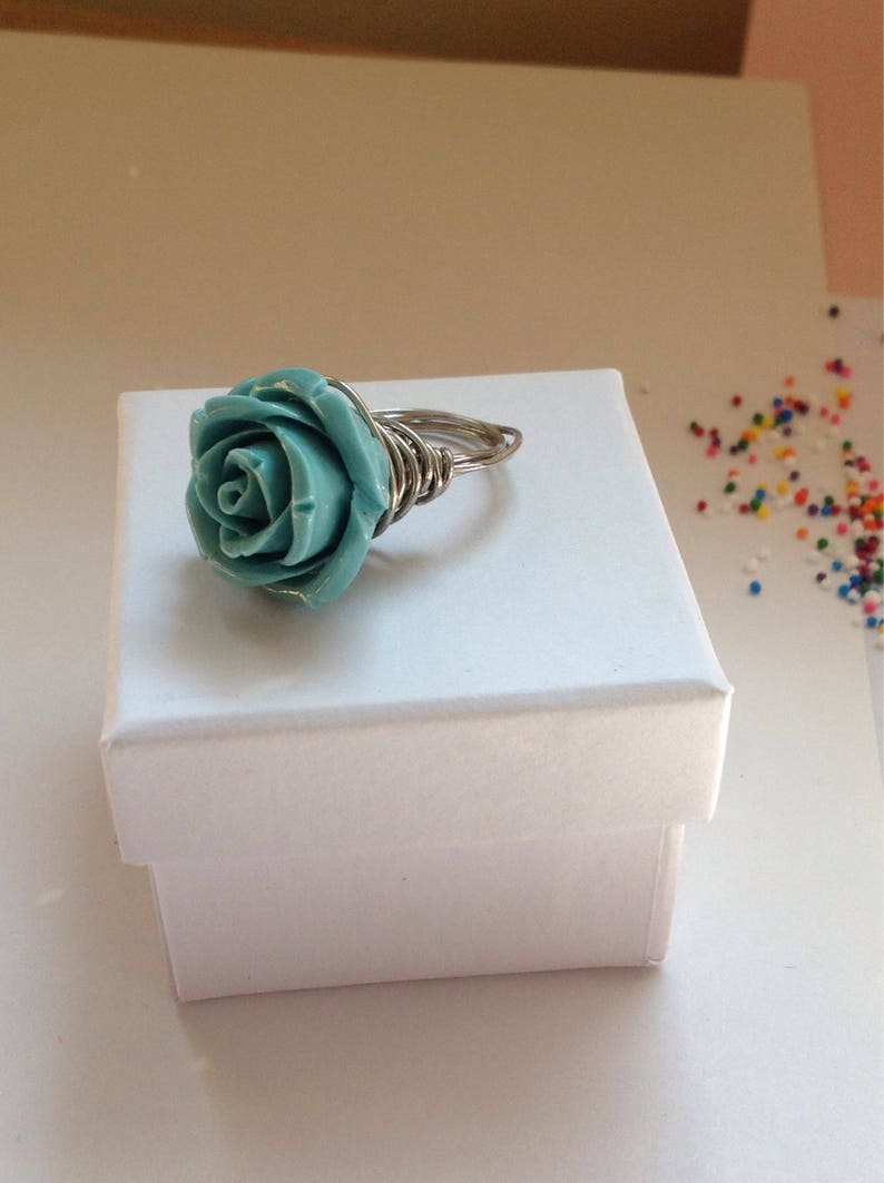 Turquoise blue rose flower wire wrapped silver metallic bohemian statement ring