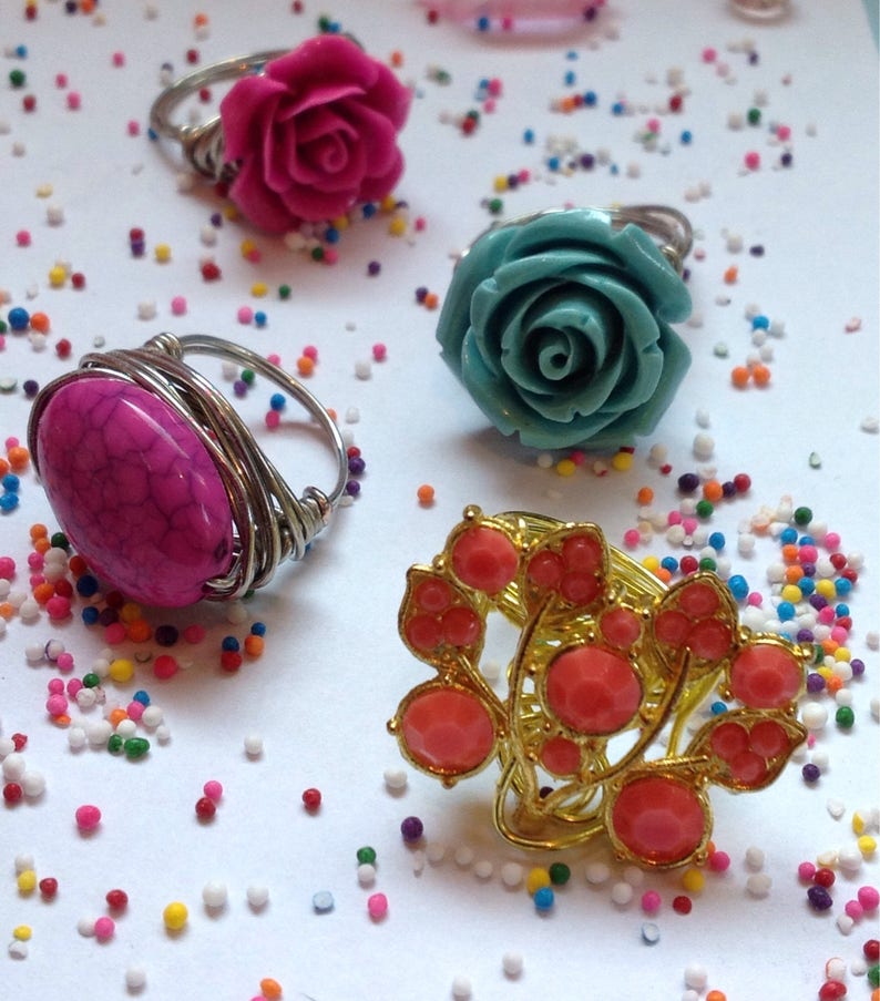 Turquoise blue rose flower wire wrapped silver metallic bohemian statement ring