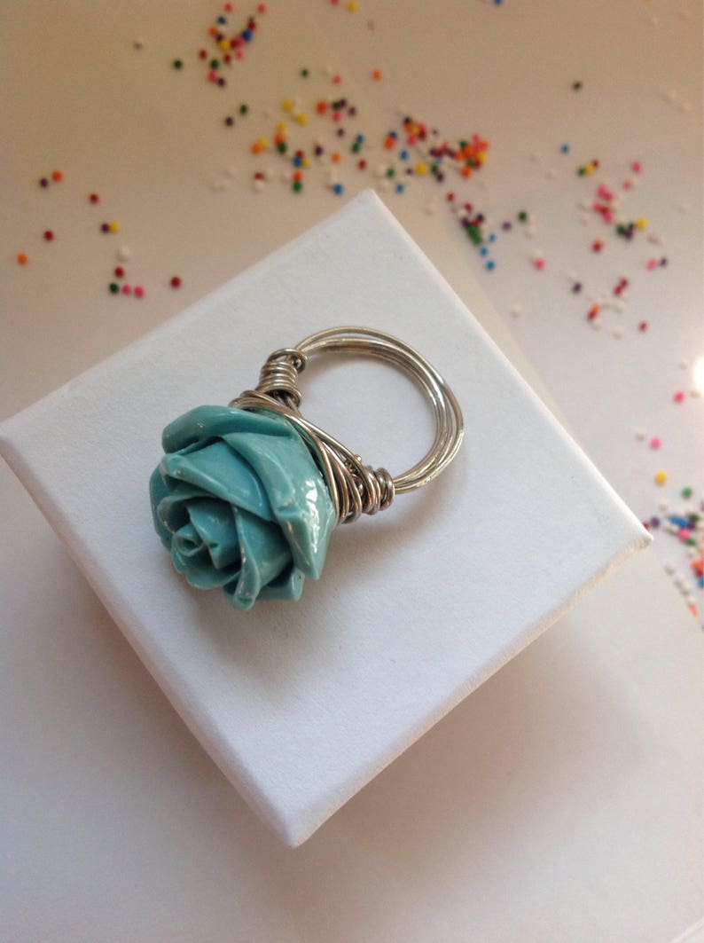 Turquoise blue rose flower wire wrapped silver metallic bohemian statement ring
