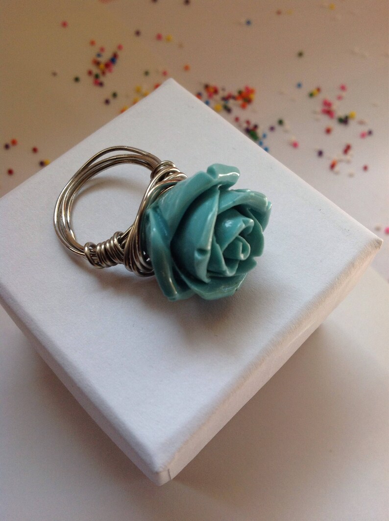 Turquoise blue rose flower wire wrapped silver metallic bohemian statement ring