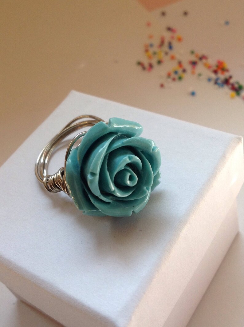 Turquoise blue rose flower wire wrapped silver metallic bohemian statement ring