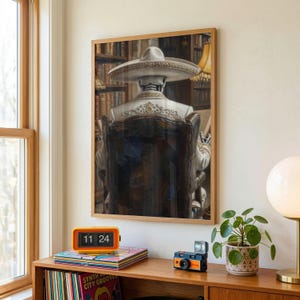 May include: A framed artwork shows a skeleton in a sombrero and jacket, seated in a chair, facing away. The background is a library. An orange flip clock shows 11:24, and a small camera sits on a wooden shelf. The artwork is in a wooden frame.