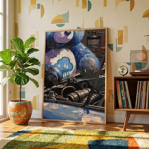 May include: A framed art print featuring a blue teddy bear with a cloud and rain symbol on its belly, working on a car engine. The artwork is displayed in a room with a patterned rug, a potted plant, and a vintage record player.