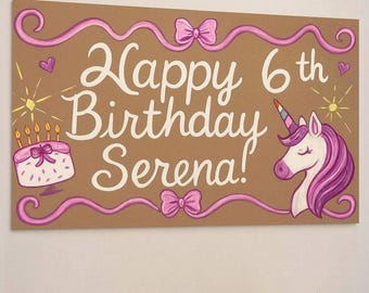 Custom Hand-Painted Birthday Banner | Unicorn, Bow, Floral Party Backdrop