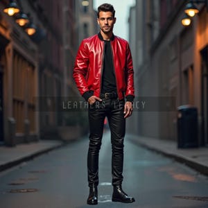 Pantalones ajustados de cuero negro auténtico para hombre con chaqueta bomber de cuero rojo - Conjunto de cuero moderno para hombre - Look de motociclista moderno para hombre
