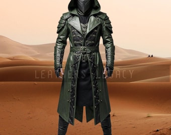 Abrigo de guerrero de cuero verde hecho a mano: gabardina de fantasía con capucha