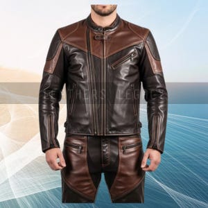 Two-Tone Leather Biker Suit  Brown & Black Motorcycle Jacket  Handcrafted Leather Riding Gear Stylish Brown and Black Biker Outfit