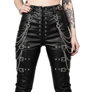 Gothic Black Leather Lace-Up Pants with Chains – Punk Festival Outfit