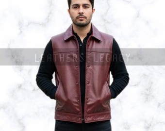 Maroon Leather Crest Vest: Handmade Classic Bold Wear