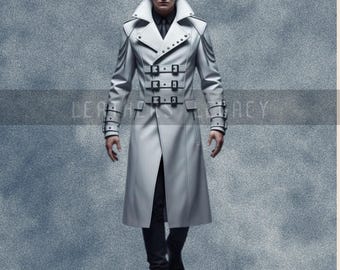 Witte leren trenchcoat: gotische streetwear met gesp en veters