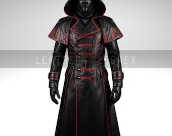 Handmade Gothic Hooded Leather Trench Coat: Red & Black Accents
