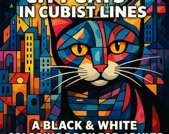 City Cats in kubistische lijnen – een zwart-wit kleurboek voor volwassenen 32 artistieke illustraties van gestreepte katten die door architectonische werelden zwerven