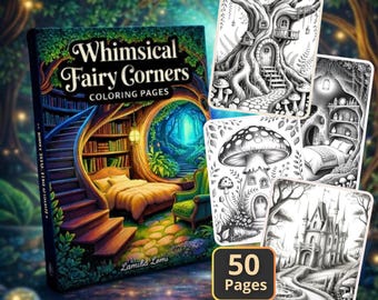 Grillige Fairy Corners – Fantasy Kleurplaten | 50 grijswaardenontwerpen | Afdrukbare pdf, 8,5 x 11, voor ontspanning en stress