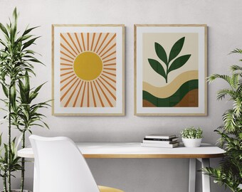 Set van 3 afdrukbare posters van 18 x 24 inch – moderne muurkunst uit het midden van de eeuw – abstracte natuur, zon en maan, minimalistische galerij