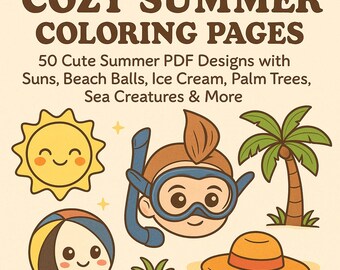 Cosy Summer kleurplaten - 50 schattige zomerse pdf-ontwerpen met zonnen, strandballen, ijs, palmbomen, zeedieren en meer