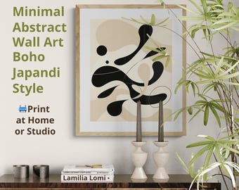 Minimale abstracte muurkunstprint – Japandi boho-decor, neutraal beige en zwart modern kunstwerk voor woonkamer of kantoor – digitale download