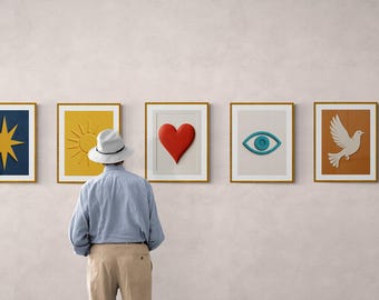 Set van 5 afdrukbare posters – kleistijl reliëflook – 18 x 24 inch muurkunst – hart, zon, ster, oog, duif – gedurfd minimalistisch decor