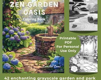 Kleurboek Zen Garden Oasis – 42 grijstinten tuin- en parktaferelen | Afdrukbare pdf om ontspannen in te kleuren