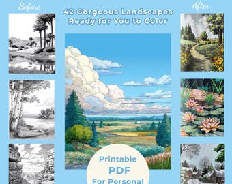 Afdrukbare pdf landschapskleurplaten – 42 stressverlichting kleurplaten voor volwassenen | Schilderachtige natuur kleurboek voor ontspanning