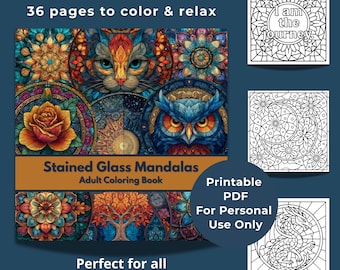 36 kleurboek mandala's met gebrandschilderd glas – ontspannende afdrukbare pdf voor volwassenen en tieners