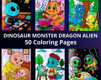 Alien Dragon Kleurplaten voor kinderen – afdrukbare pdf, 50 gewaagde en gemakkelijke ontwerpen, schermloos plezier